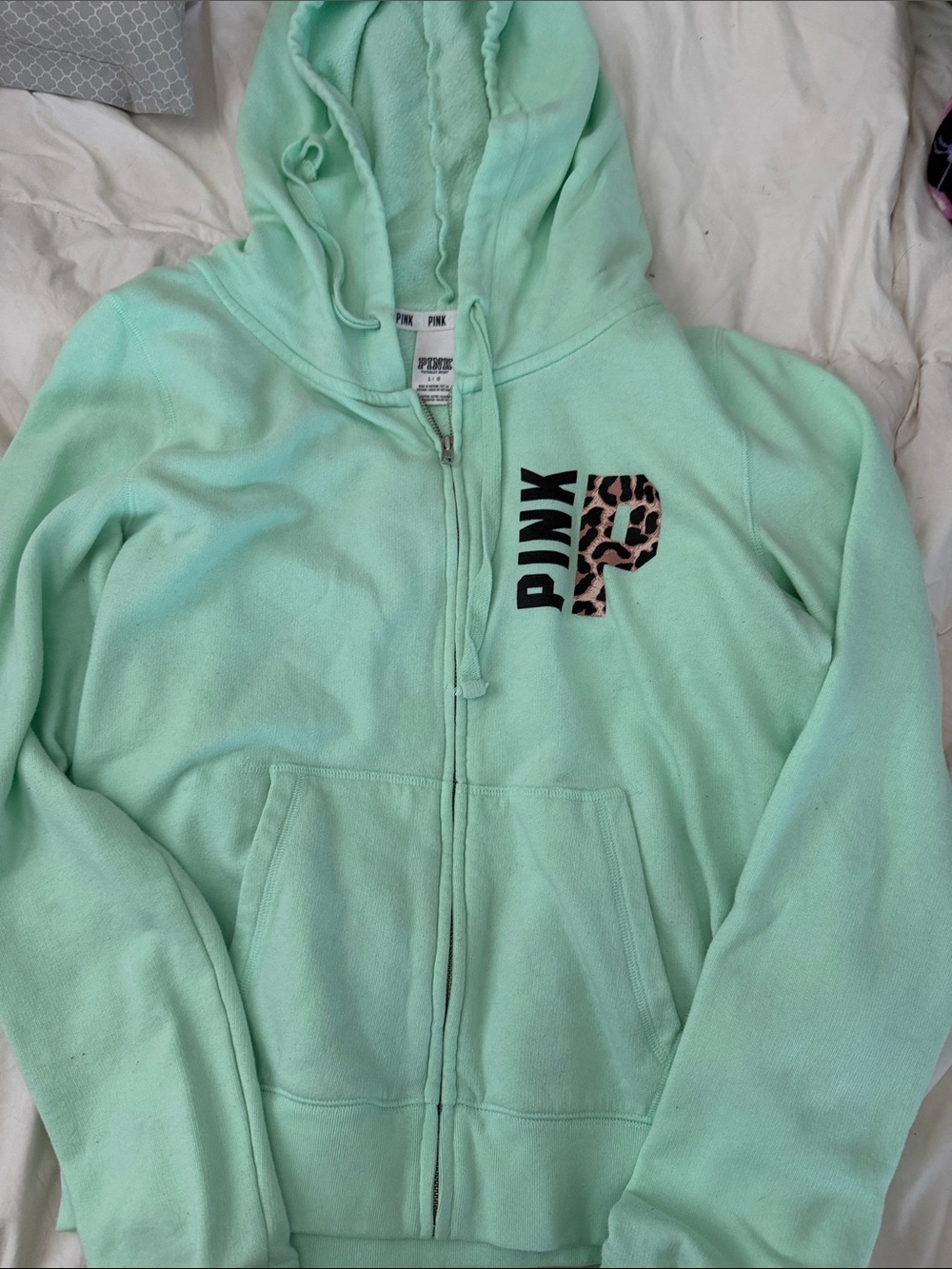PINK Victoria's Secret Mint Green Zip-Up Hoodie with Leopard P